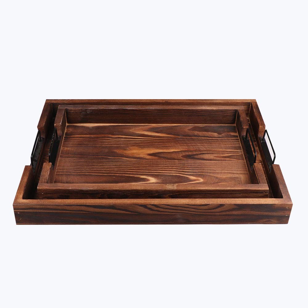 Serving Trays Selena Wood Brown Rustic Rectangular Handles Decorative Set 2 Home