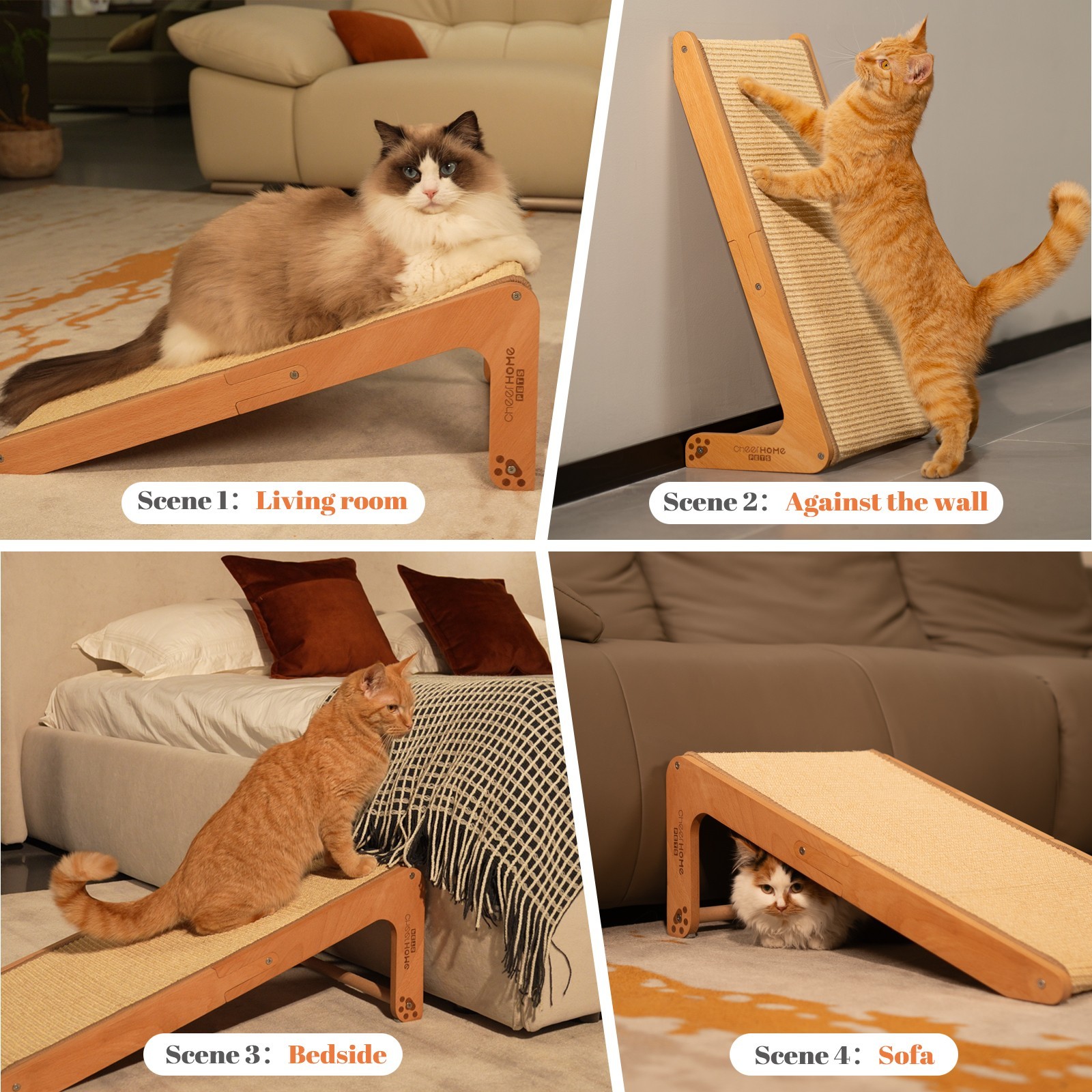 Sisal Cat Scratcher Ramp, 24.8" Solid Wooden Cats L-Shape Scratching Post