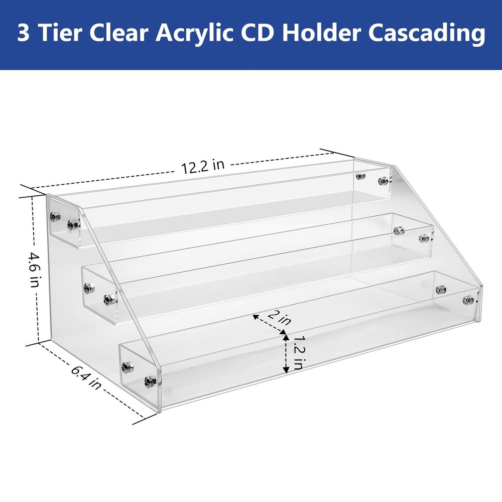 3Tier Clear Acrylic CD Holder Cascading Storage Rack Holds 24 Cases Medium