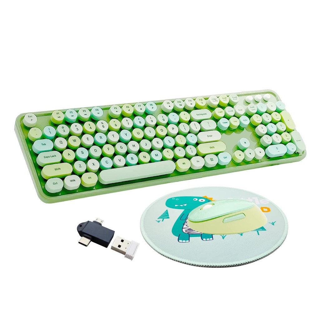 Wireless Keyboard and Mouse Combo Retro Typewriter Ergonomic Set Green