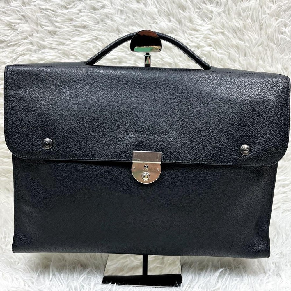 Longchamp All Leather Briefcase Logo Embossed Authentic