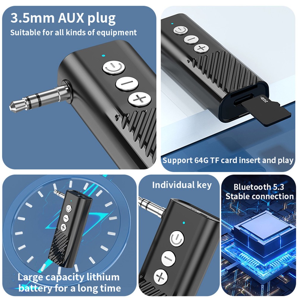 Black 3-in-1 Wireless Bluetooth 5.3 Transmitter Receiver Adapter Audio ABS