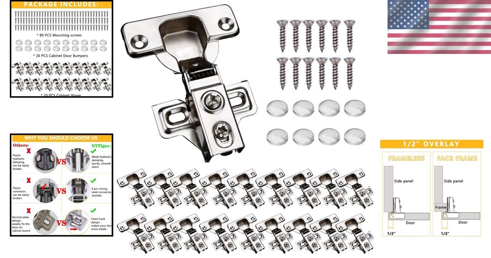 Brushed Nickel Self-Closing Cabinet Hinges - 20-Pack with Easy Install Guide