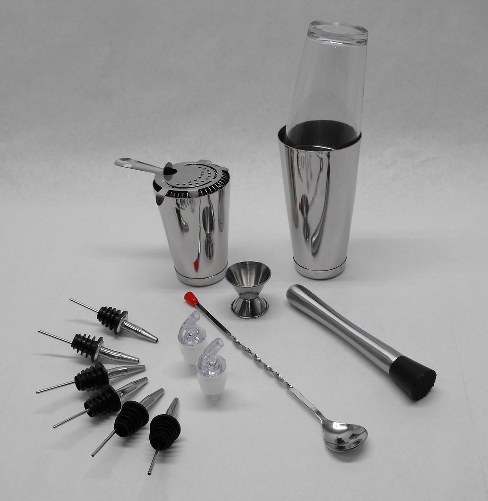 15 pc. BOSTON SHAKER SET Strainer, Muddler, Spoon, Jigger, WEIGHTED Tin Bar Kit