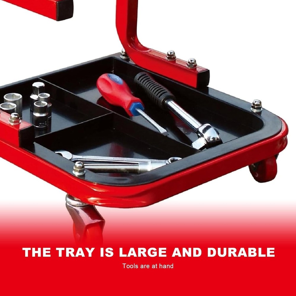 Comfortable Red Rolling Garage Stool: 250 lbs Capacity with Tool Storage Tray