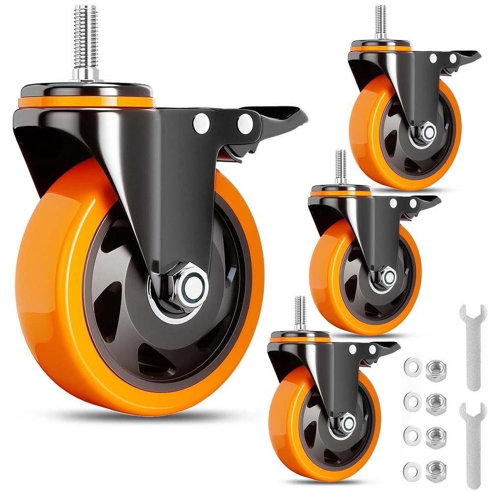 Stem Caster Wheels 5 Inch Heavy Duty Threaded Mount Casters Set Orange