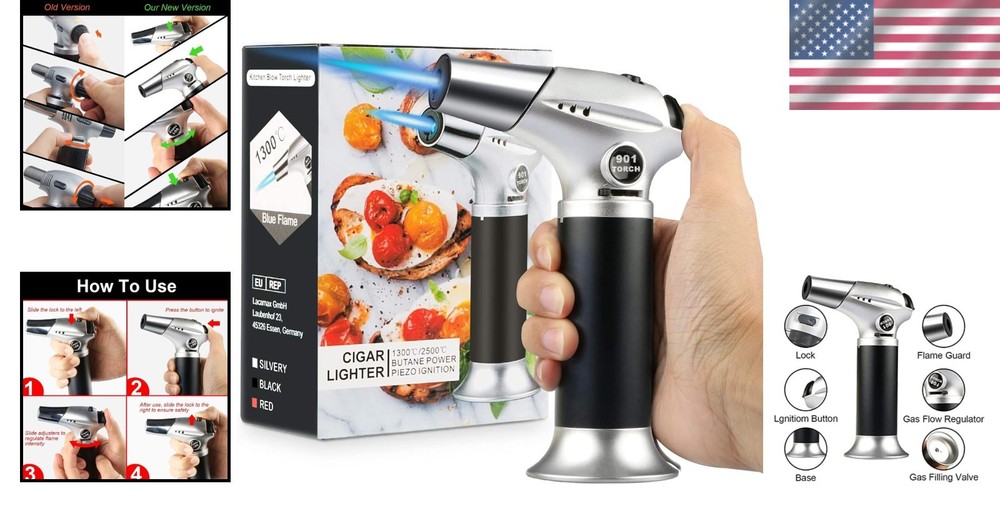 Versatile Kitchen Blow Torch with Adjustable Flame - 2370°F Maximum Temperature