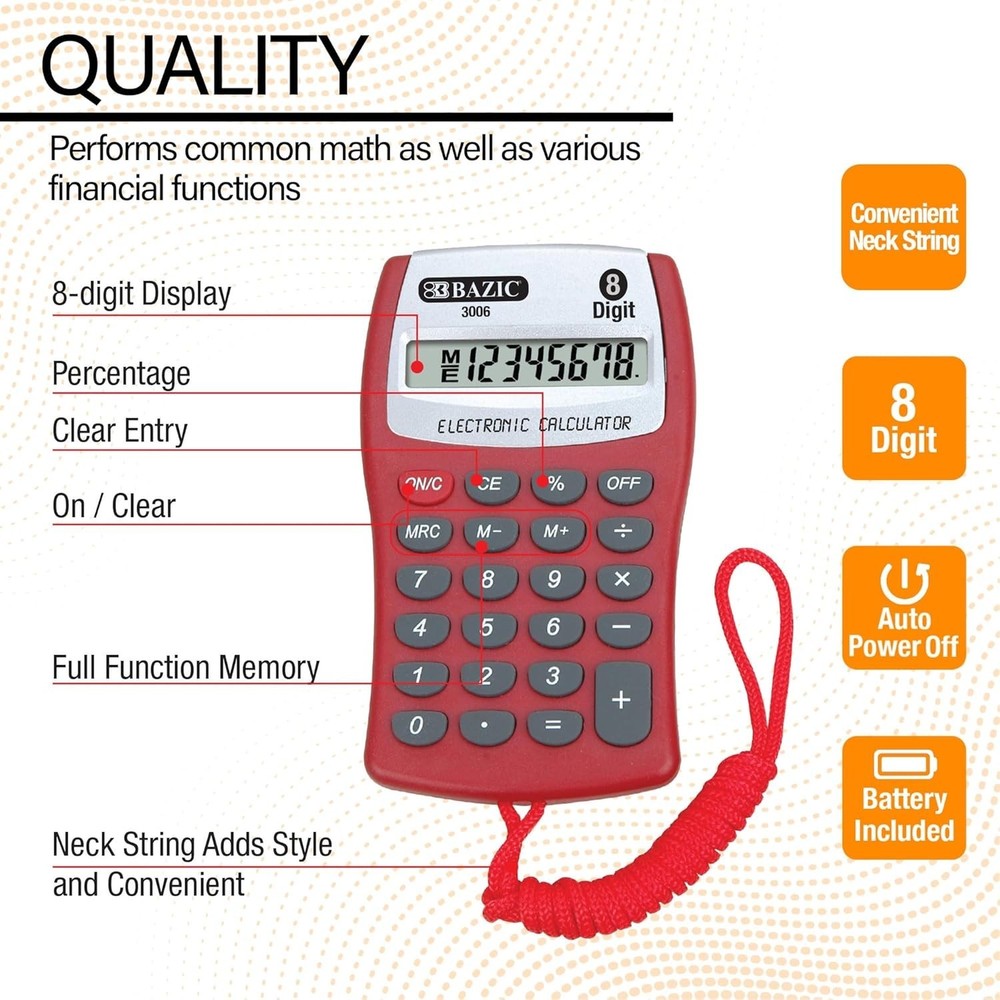 BAZIC Pocket Calculator 8-Digit LCD with Neck String 24-Pack Assorted Colors