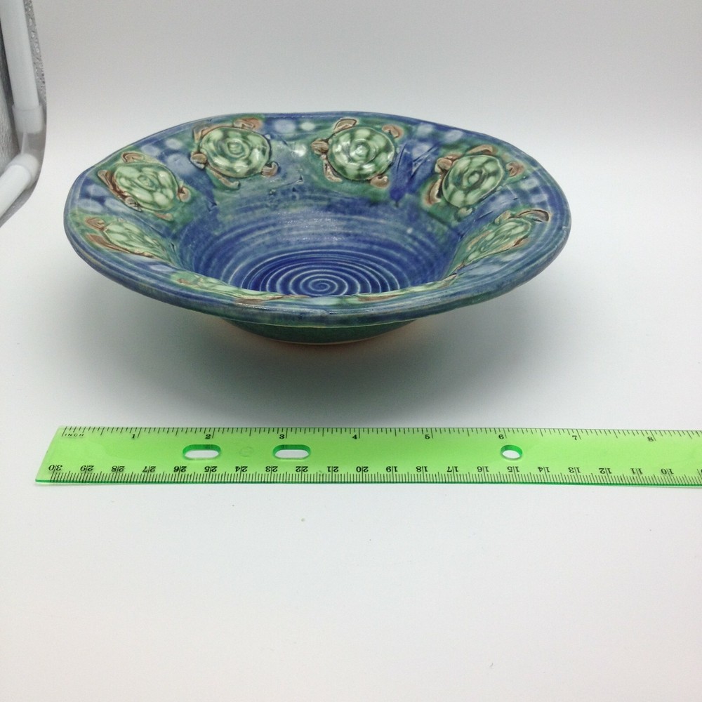 Signed Primitive Stoneware Bowl unglazed Bottom Rustic with Stamped Turtles 8"