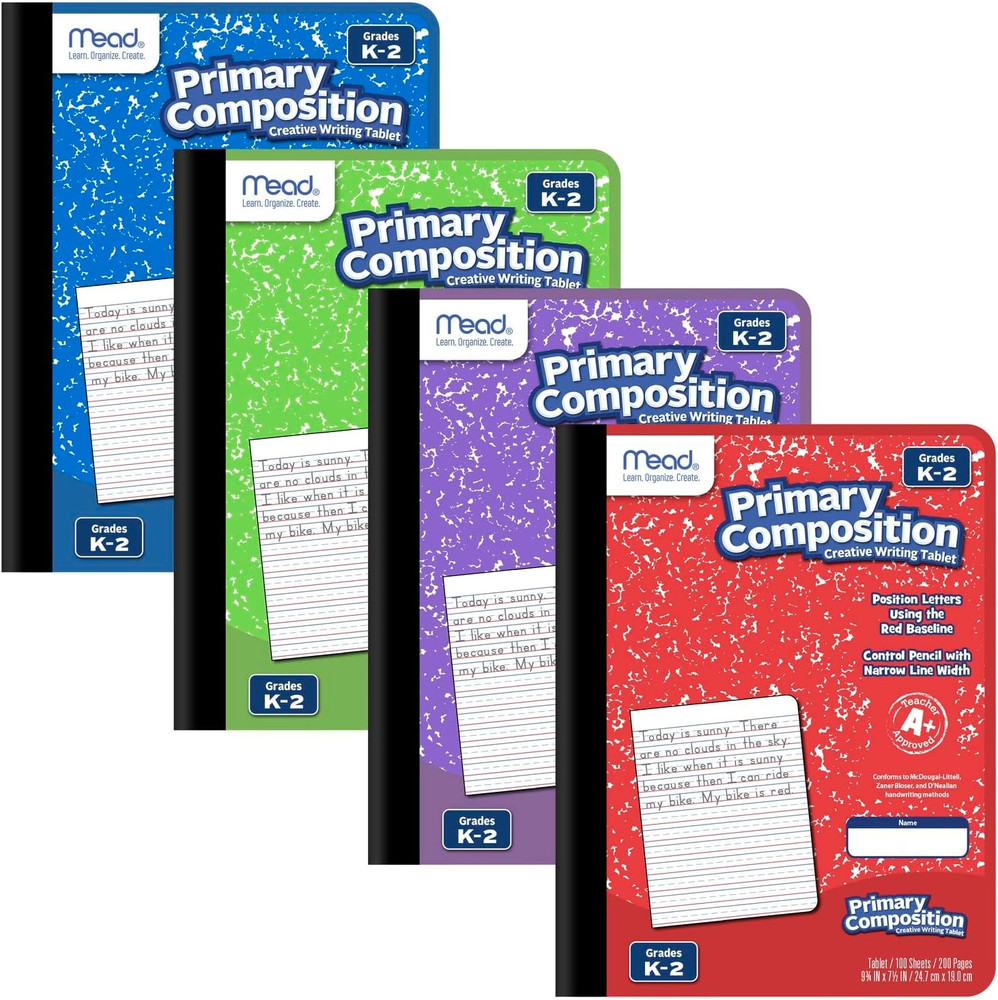 Primary Composition Books, 4 Pack, K-2, 100 Sheets, Assorted Colors