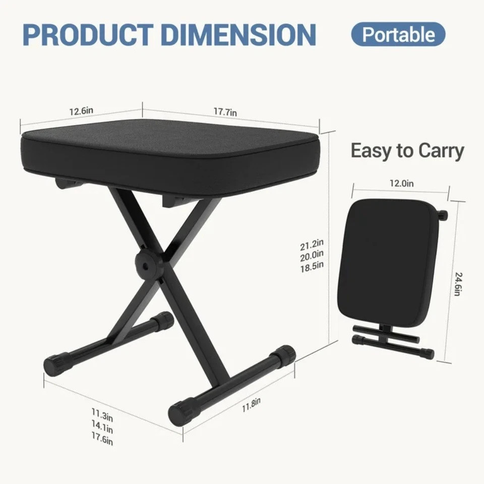 Folding Keyboard Stool with Thick Padded Seat, Non-Slip Feet, Black
