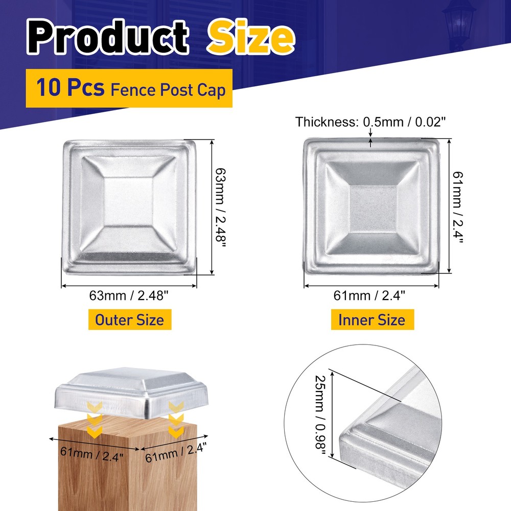 10Pcs Fence Post Cap, Galvanized Deck Post Caps Fit 2.4" x 2.4" Pipe, Silver