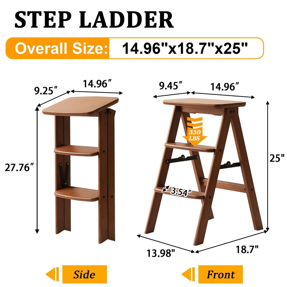 3 Step Ladder Folding Step Stool, Wooden Step Stool Foldable, Folding Step St...
