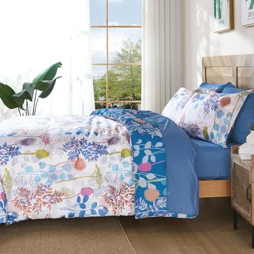 7Pieces Comforter Set, Colored Botanical Bed in a Bag Complete Queen Colorful