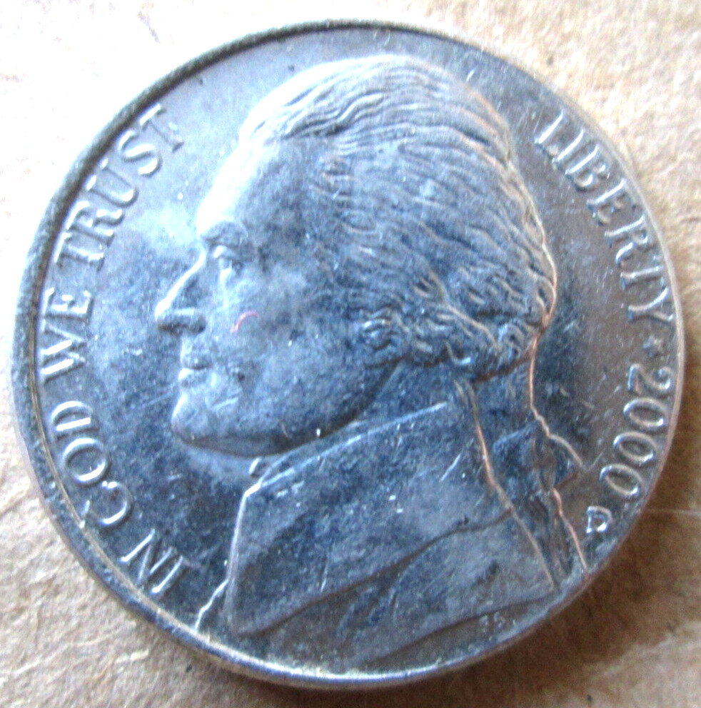 2000-D JEFFERSON (FS), OBVERSE MIS-ALIGNED DIE ERROR, AU CONDITION. CIRCULATED