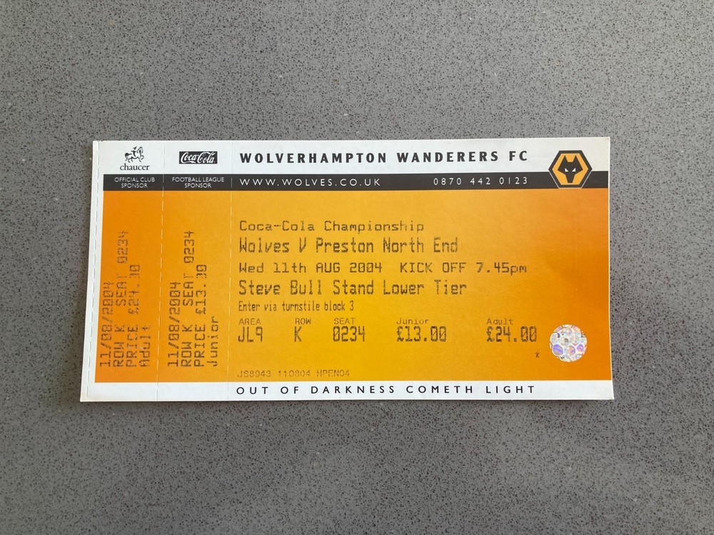 Wolverhampton Wanderers v Preston North End 2004-05 Match Ticket