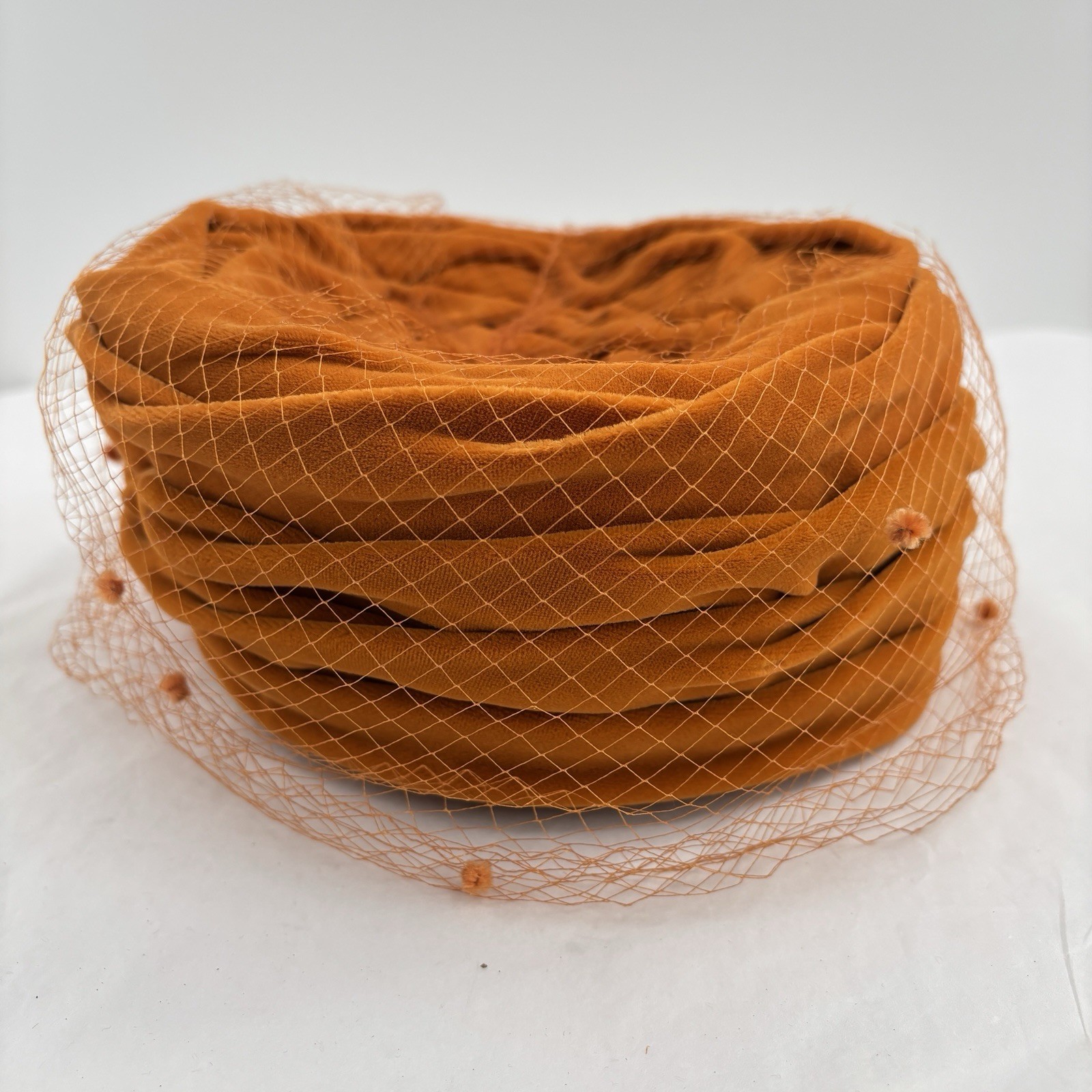 Vtg 60s Lucile Mendez Orange Velvet Hat Veil Pillbox Cocktail Mod Turban