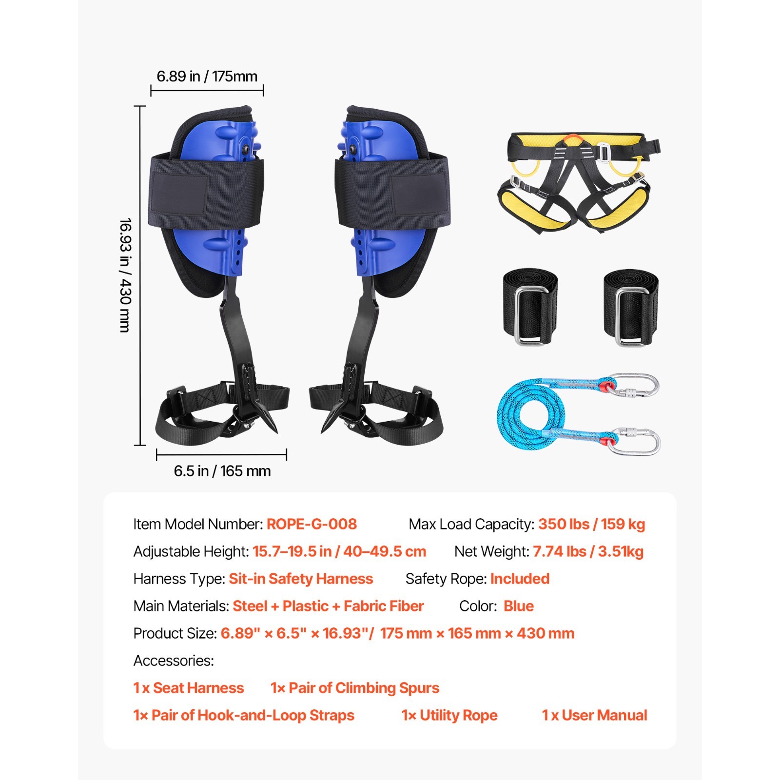 Uimoso Tree Climbing Spikes Set Climbing Spurs Steel Safety Rope Seat Harness