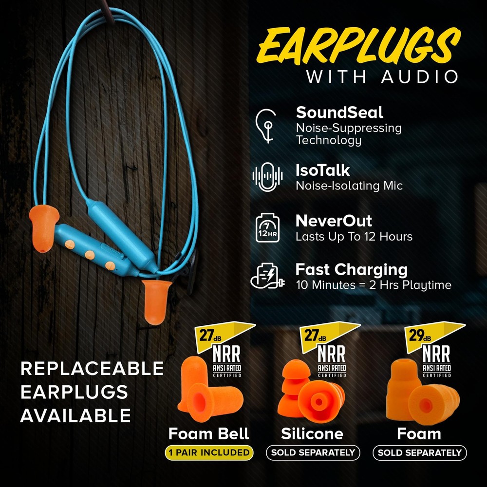 Plugfones Basic Pro Bluetooth Foam Earplug Headphones - 27 dB Blue, Orange