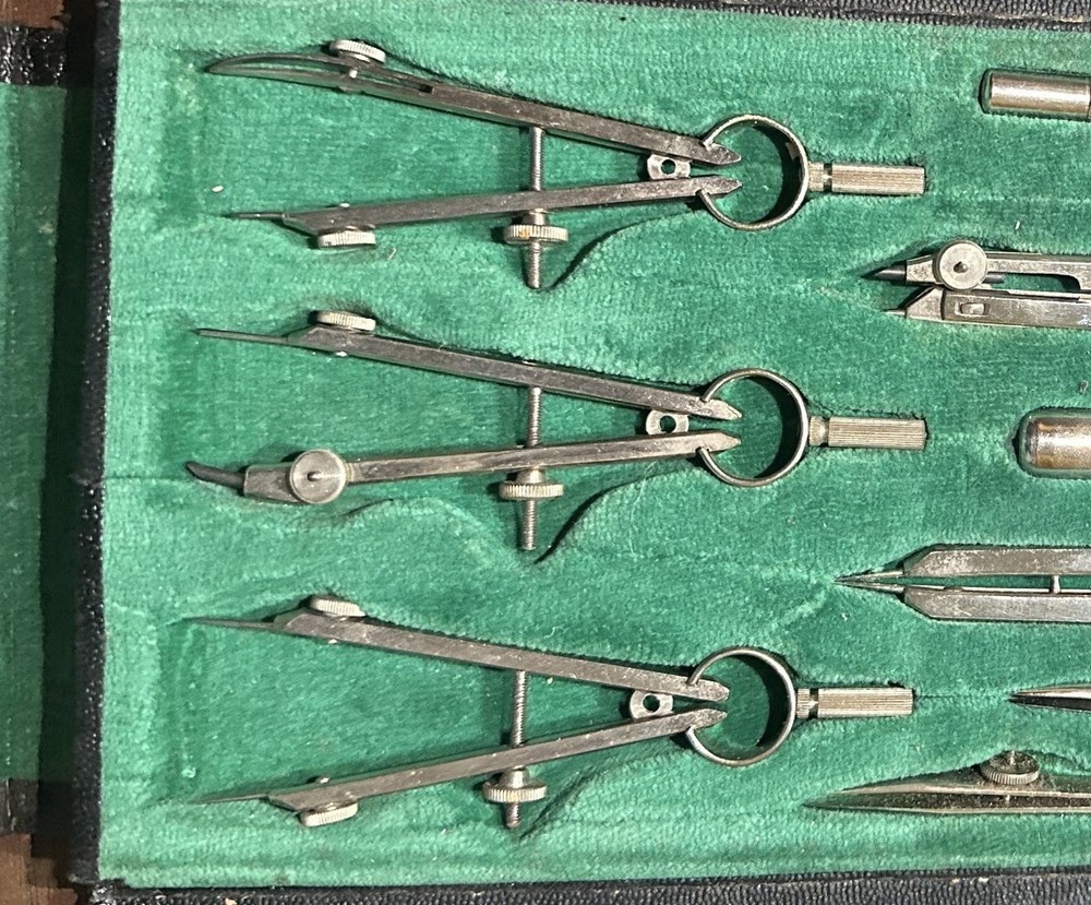Vintage W Germany Complete kit! large Engineer Drafting Compass Set w/ Case
