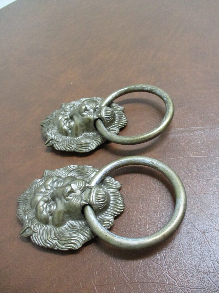 2 Vintage Large Brass Lion Head Drawer Pulls Knobs handles