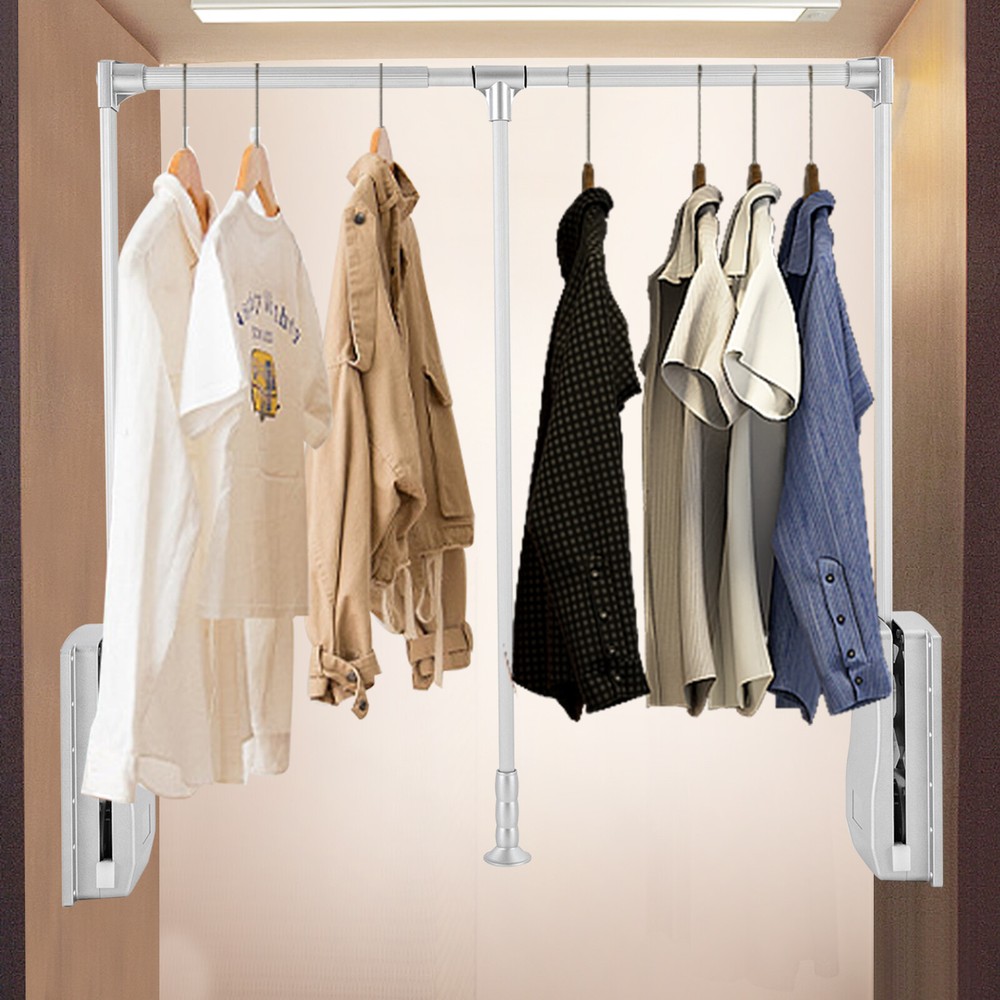 Modern 33 Inch Pull Down Closet Rod Pull Down Wardrobe Organizer Silver Indoor