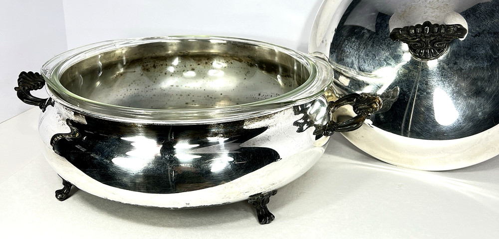 VTG Rogers Silverplate Footed Lidded Casserole Dish & 3.5QT Pyrex Glass Insert