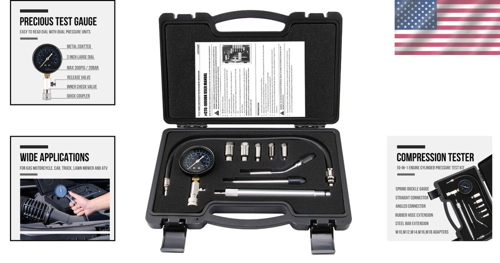 Universal 10-in-1 Engine Compression Tester - Gasoline Cylinder Pressure Kit