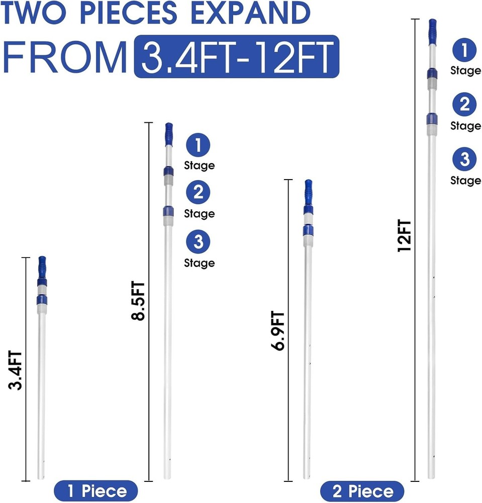 Adjustable 12 FT Pool Maintenance Pole - Reliable Grip & Rust-Proof Aluminum