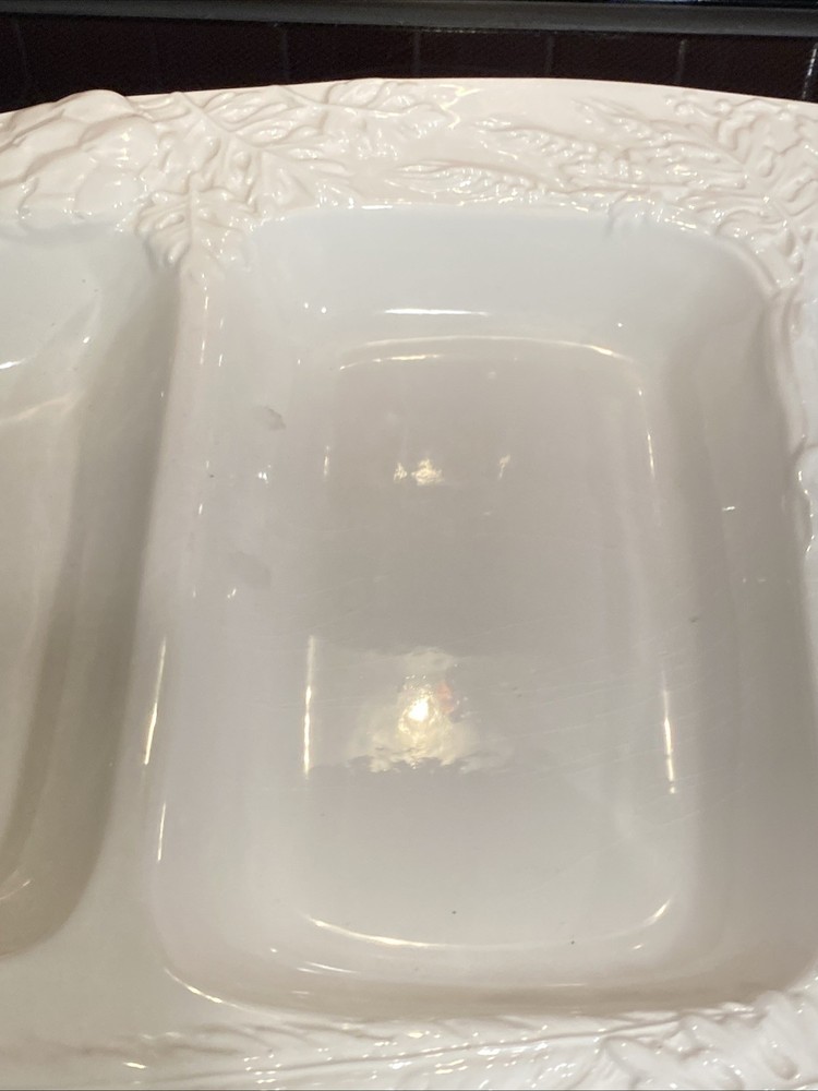 Large William Sonoma White Oval Divided Tray Raised Vegetable Pattern