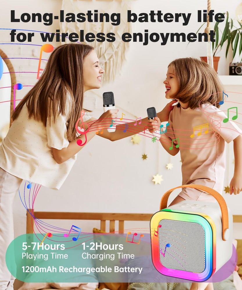 Mini Karaoke Machine Speaker Bluetooth 5.0 - 2 Wireless Mics, 5-7 Hour Battery
