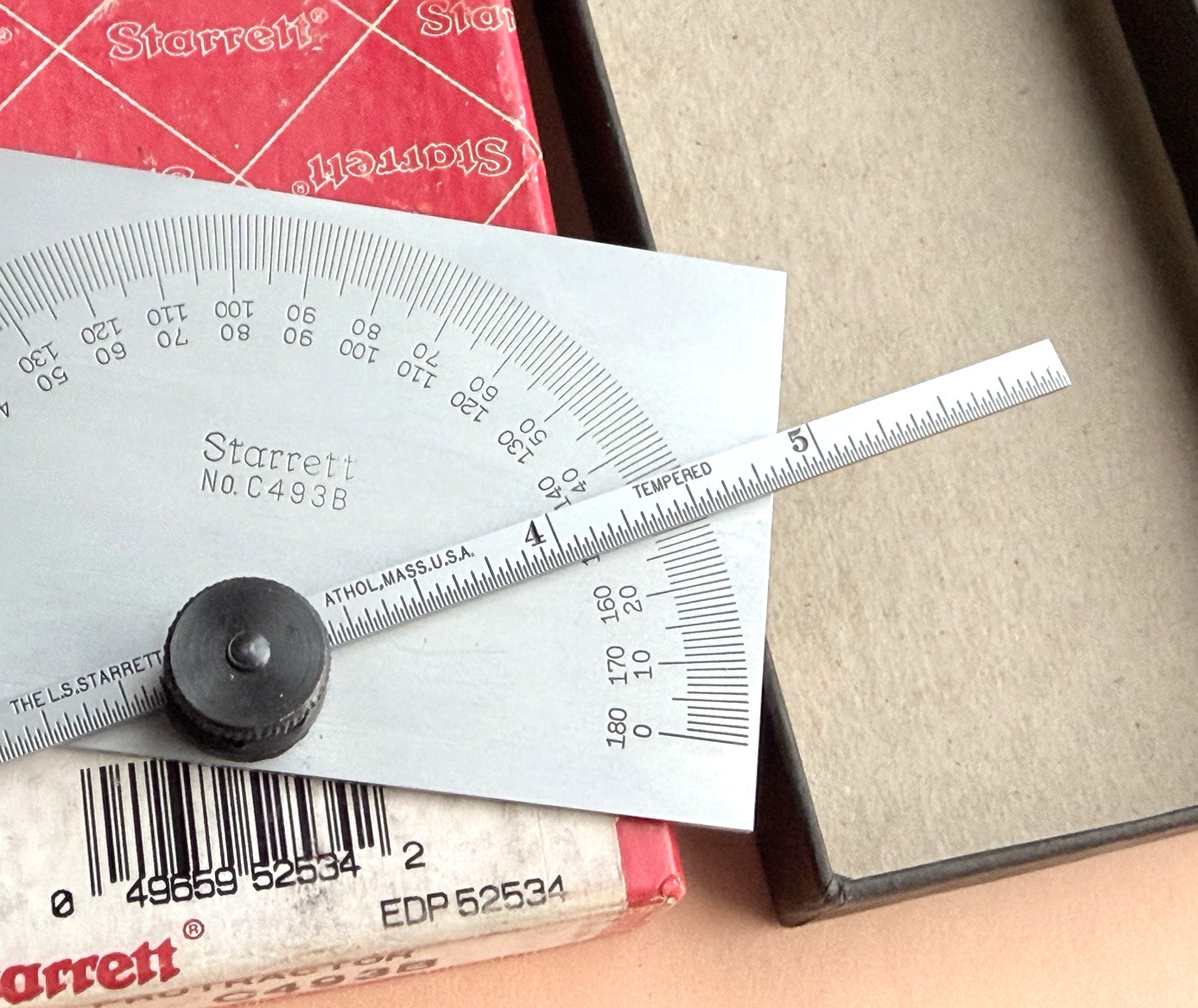 STARRETT No. C493B Satin Chrome Finish Steel Protractor/Depth Gage. USA Made!