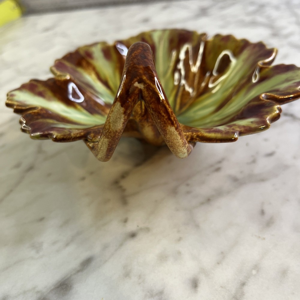 Vintage Maple Leaf Dish Green Brown Ceramic Double Loop Handle MCM