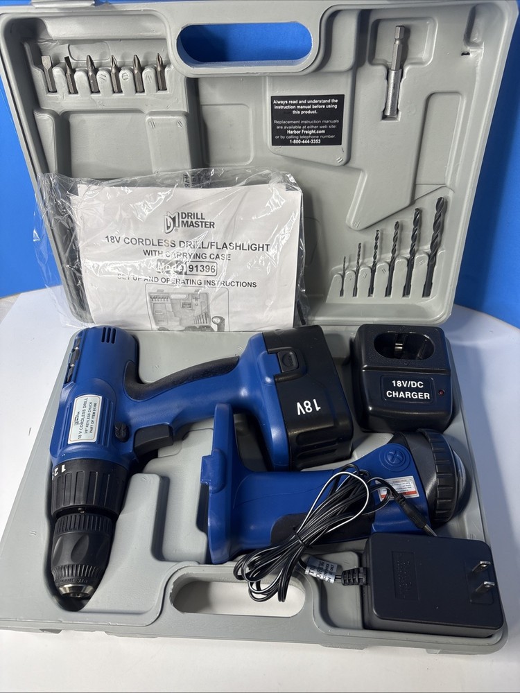 Drill Master 18V Cordless Drill & Flashlight Set w/Battery, Charger, Bits, Case