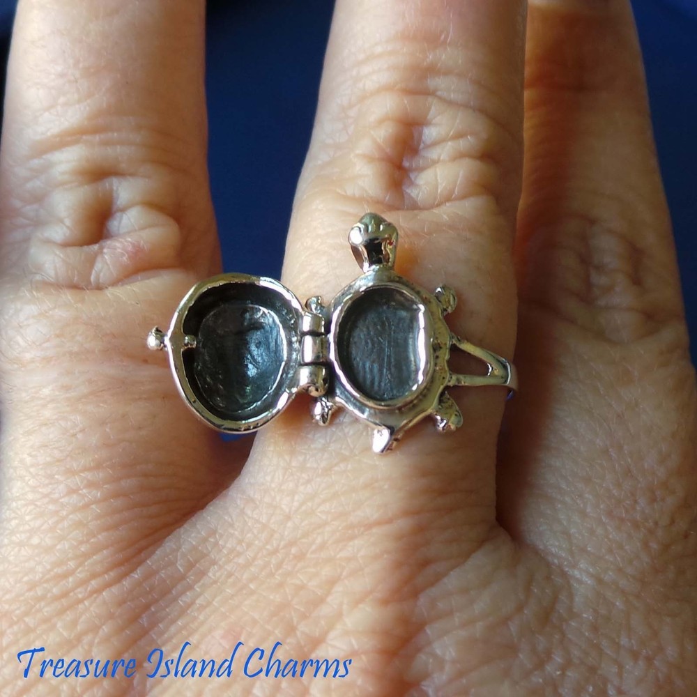 Turtle 925 Solid Sterling Silver Poison Pill Box Ring Opens Size 6 7 8 9 Opens