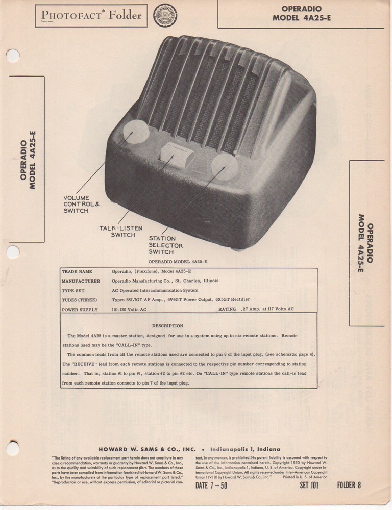 1950 OPERADIO 4A25-E INTERCOM SERVICE MANUAL PHOTOFACT SCHEMATIC DIAGRAM