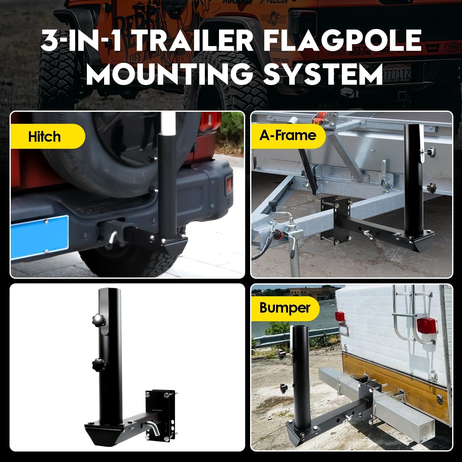 Full Stainless Steel Heavy Duty RV Flag Pole Mount,Frame/Hitch/Bumper 3 in 1