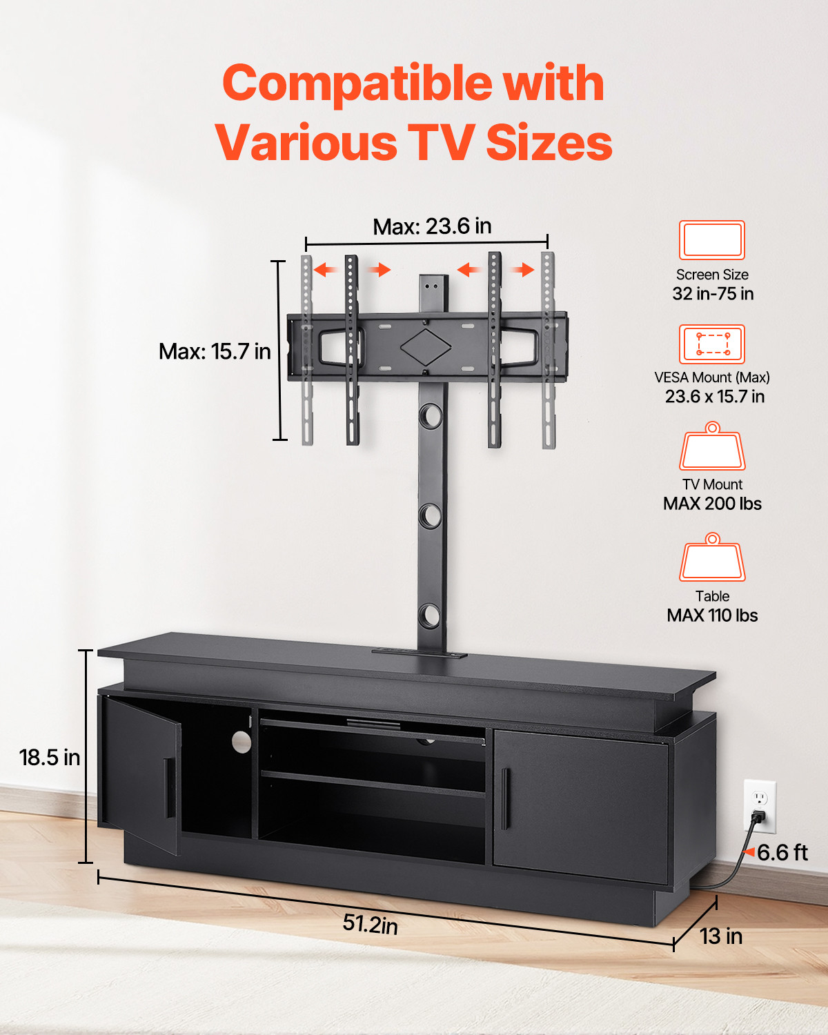 52" TV Stand with Mount for up to 75 in TVs with Power Outlet & LED Lights