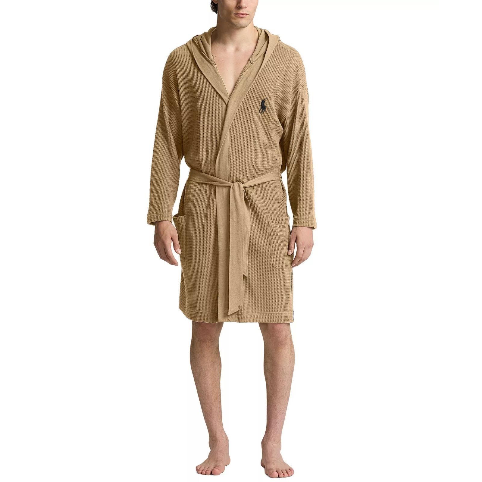 Polo Ralph Lauren Robe Mens Waffle Knit Hooded Classic Khaki Big Pony