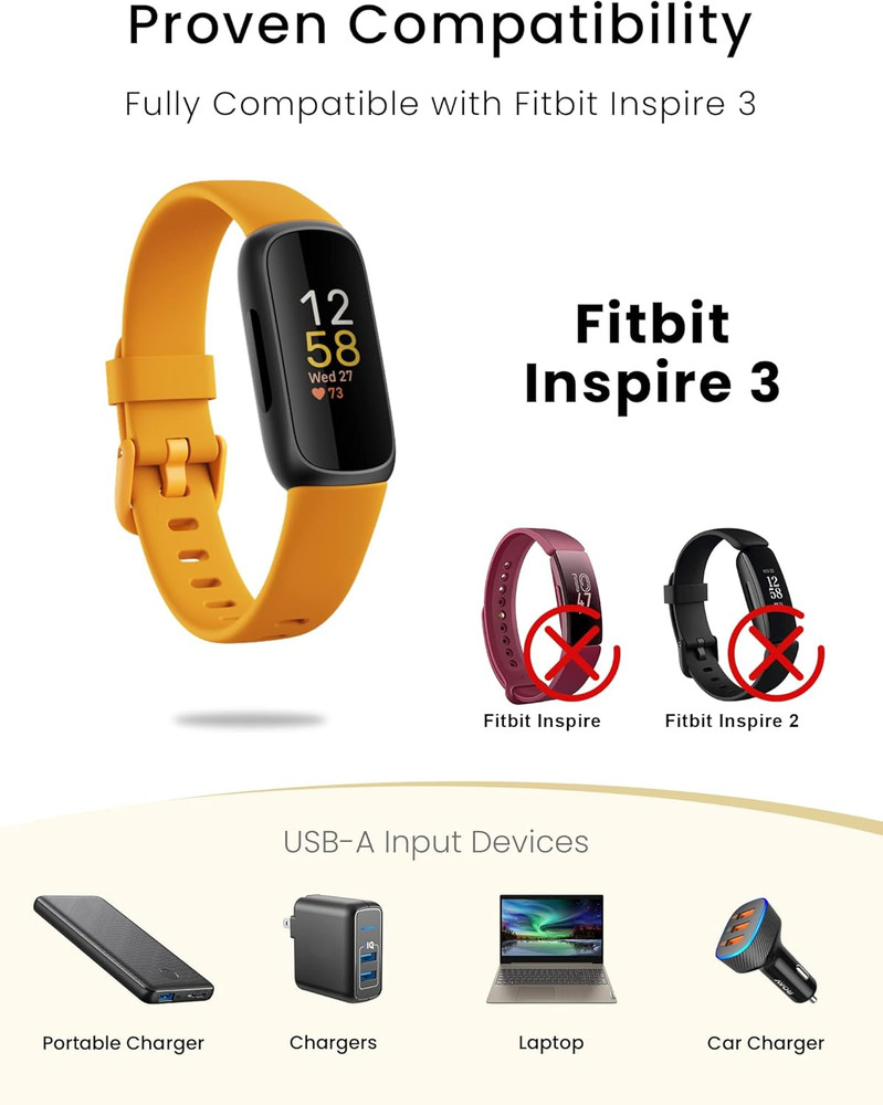 2 Pack Fitbit Inspire 3 Charger USB Cable 3.3Ft Fast Replacement Dock