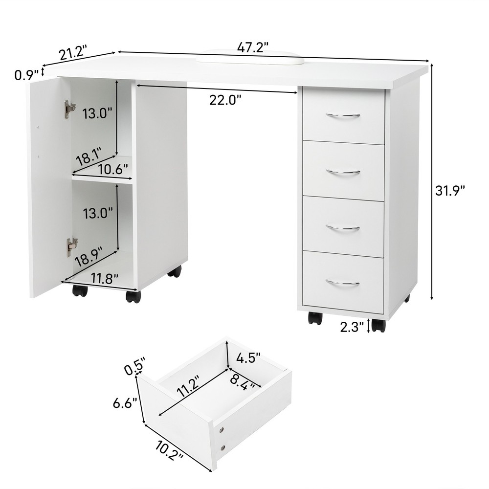 Double Edged Manicure Nail Table with Drawer White