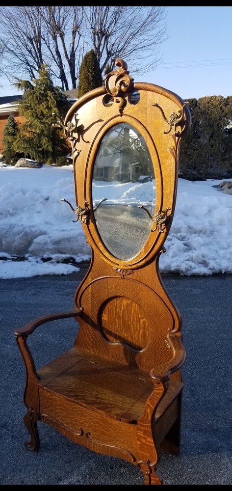 Antique Tiger Oak Hall Tree Seat