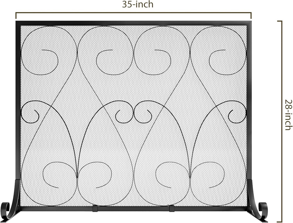 Single Panel Handcrafted Wrought Iron Symmetric Scroll Flat Fireplace Screen wit