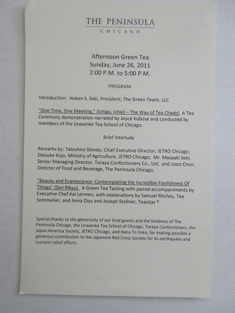 The Peninsula Chicago Afternoon Green Tea Menu / Program June 26 2001