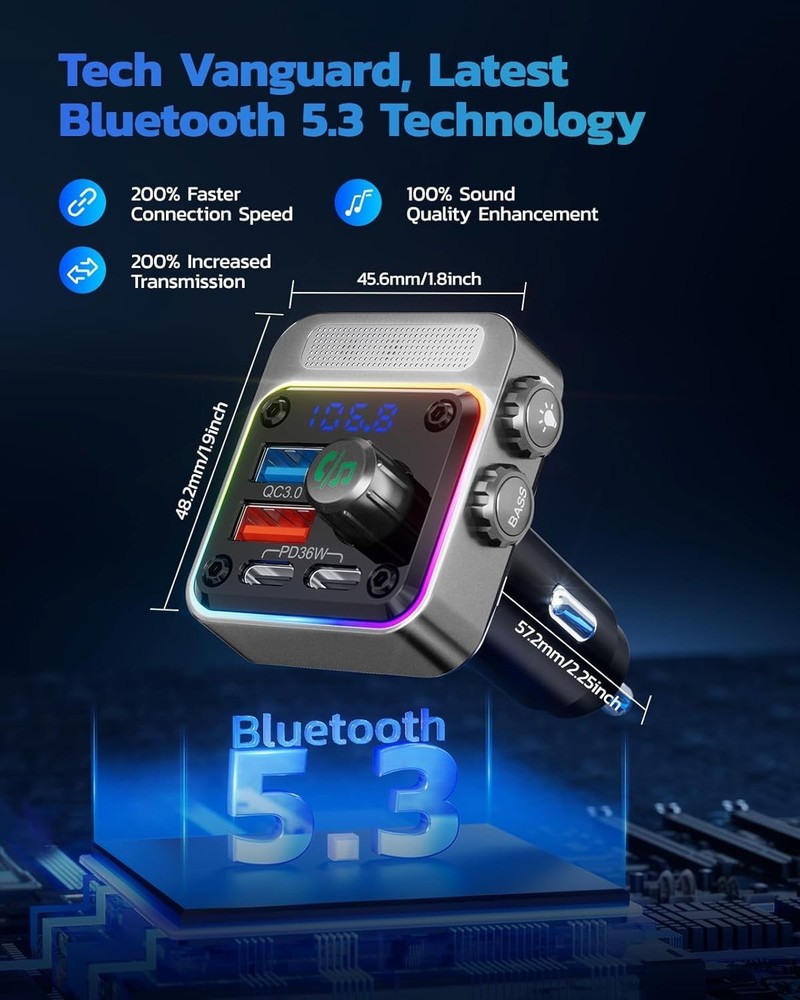54W Wireless Bluetooth 5.3 Car Adapter with 4 Ports & Enhanced Audio Experience