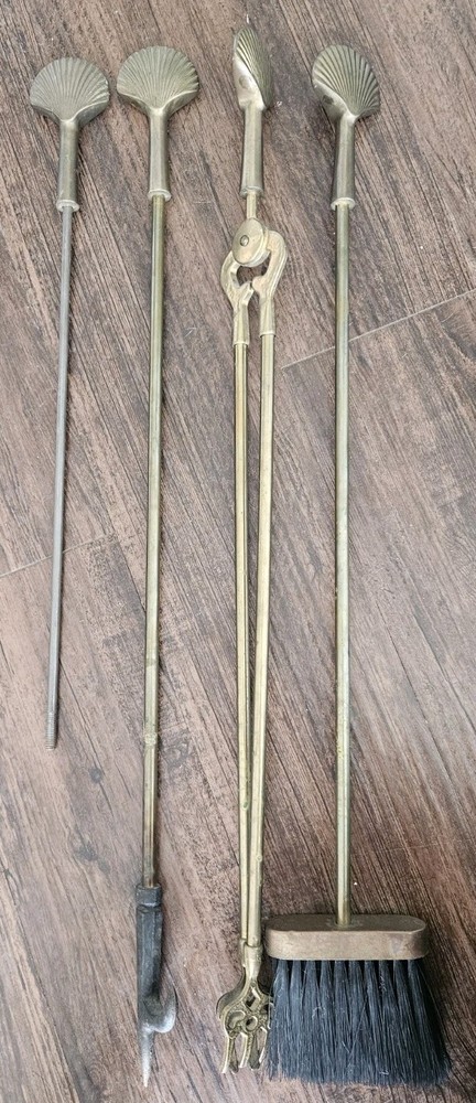 Vintage Solid Brass Fireplace Tool 5-Pc Set Scallop Shell Finial, Nautical, MCM