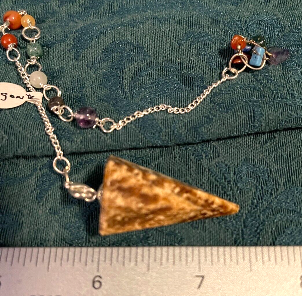Argonite 6-Sided Pendulum with 7 Chakra Beaded Chain and Storage Pouch