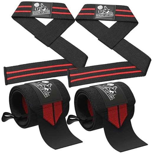 Wrist Wraps + Lifting Straps Bundle (2 Pairs) for Weightlifting, Black/Red