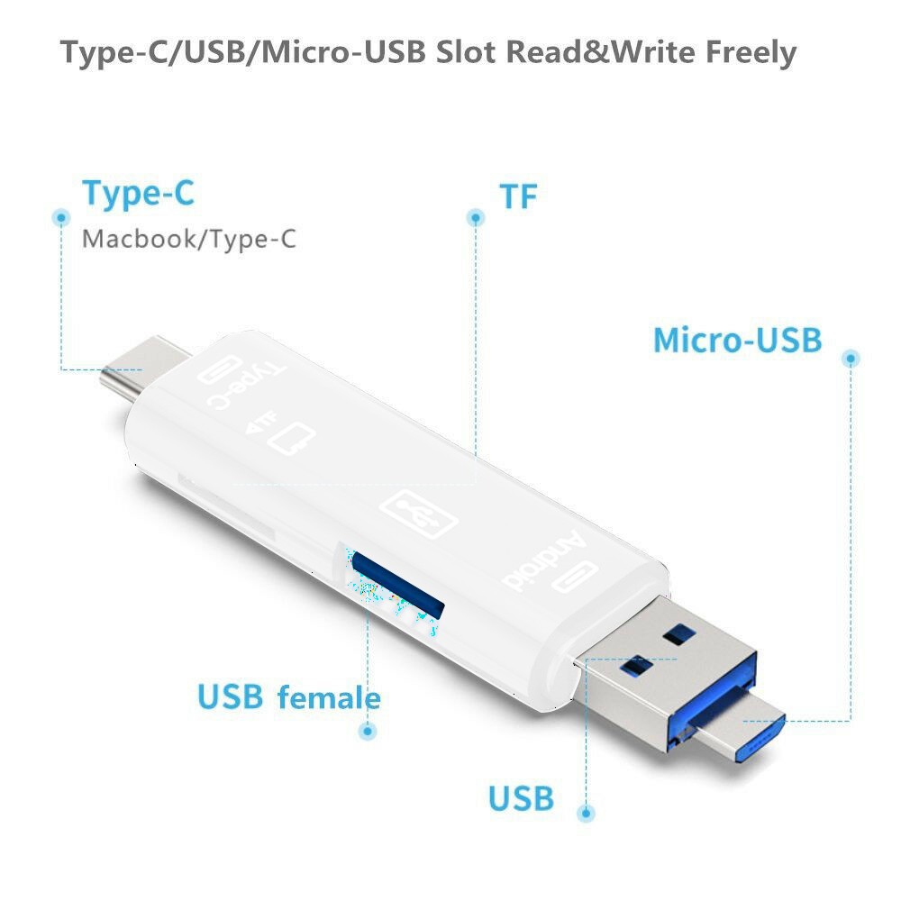 1Pc 5 in 1 USB 3.0 Type C / USB / Micro USB SD TF Memory Card Reader OTG Adapter