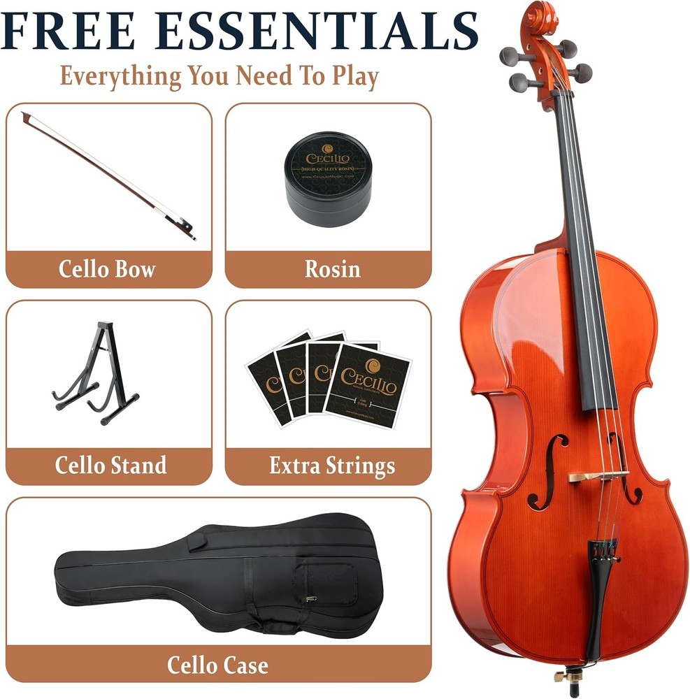 Elegant 4/4 Full Size Beginner Cello Set with Accessories - Effortless Learning